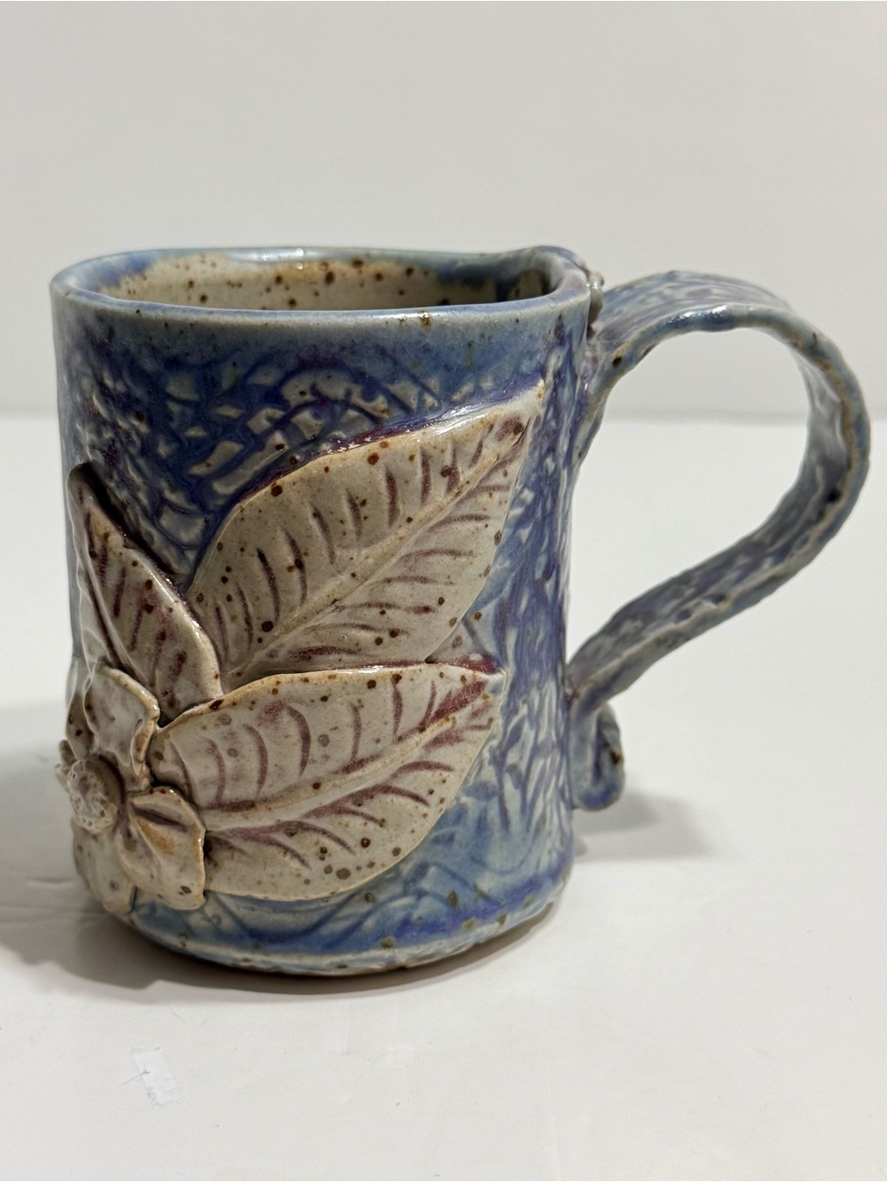 Studio Art Pottery Ceramic Coffee Mug Applied Sculpted Leaf And Floral Motif